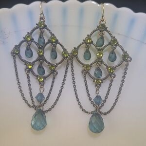 🦚 Chandelier Earrings Antique Finish Blue Green Crystal Beads Pierced Fishhook